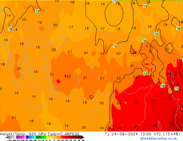 Geop./Temp. 925 hPa ARPEGE mar 24.09.2024 12 UTC