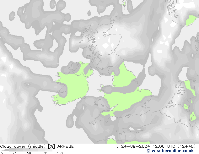 oblačnosti uprostřed ARPEGE Út 24.09.2024 12 UTC