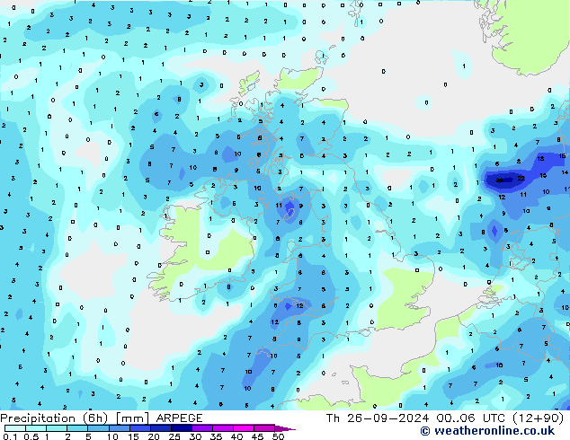 Precipitation (6h) ARPEGE Th 26.09.2024 06 UTC