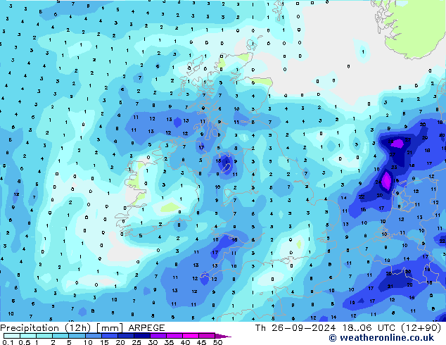 Precipitation (12h) ARPEGE Čt 26.09.2024 06 UTC