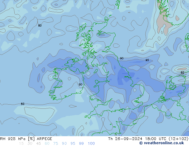 RH 925 hPa ARPEGE Do 26.09.2024 18 UTC