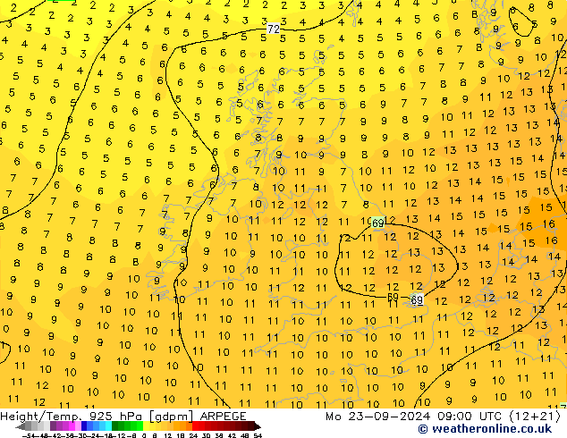 Height/Temp. 925 гПа ARPEGE пн 23.09.2024 09 UTC