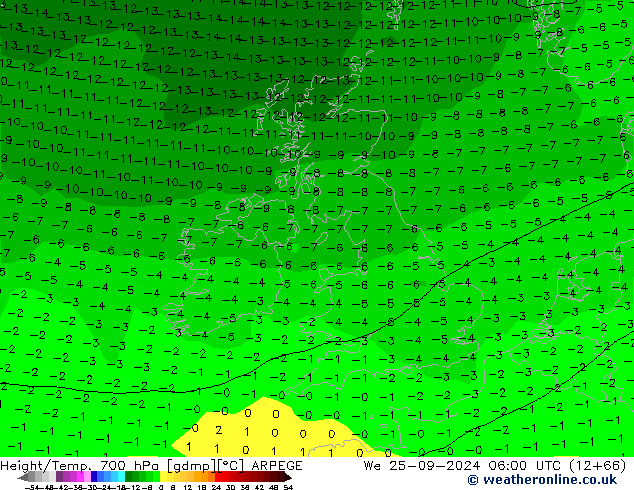 Geop./Temp. 700 hPa ARPEGE mié 25.09.2024 06 UTC
