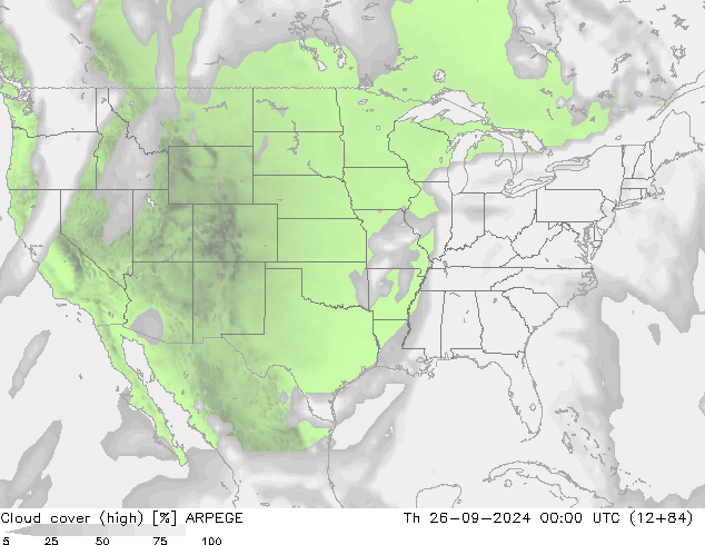 Cloud cover (high) ARPEGE Th 26.09.2024 00 UTC