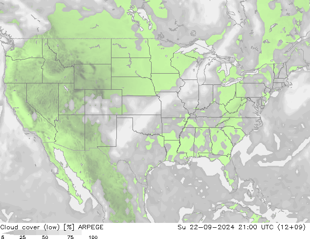 Cloud cover (low) ARPEGE Su 22.09.2024 21 UTC