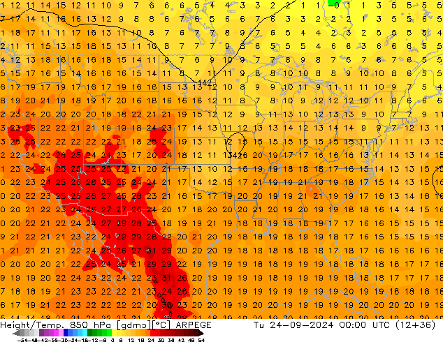 Height/Temp. 850 hPa ARPEGE Út 24.09.2024 00 UTC