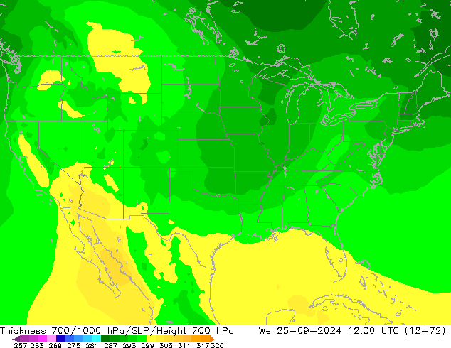 Thck 700-1000 hPa ARPEGE śro. 25.09.2024 12 UTC