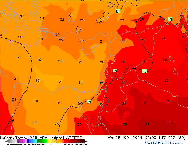 Height/Temp. 925 hPa ARPEGE śro. 25.09.2024 09 UTC