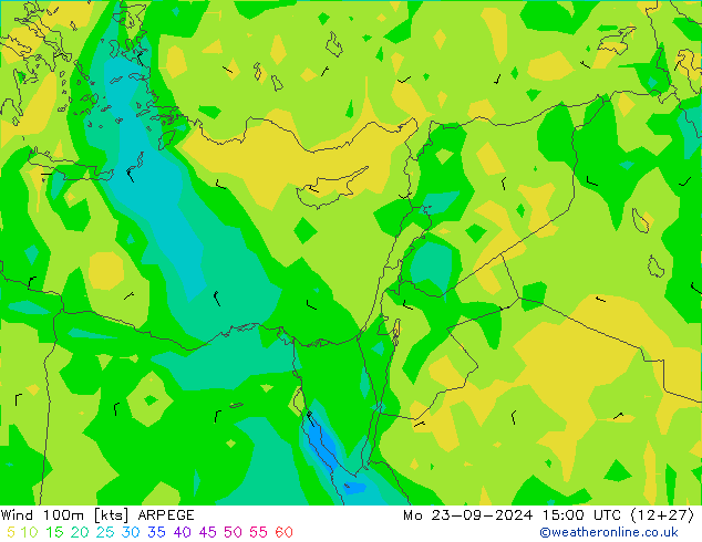 Vento 100m ARPEGE lun 23.09.2024 15 UTC