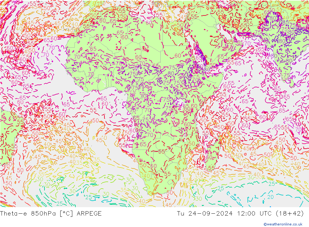 Theta-e 850гПа ARPEGE вт 24.09.2024 12 UTC