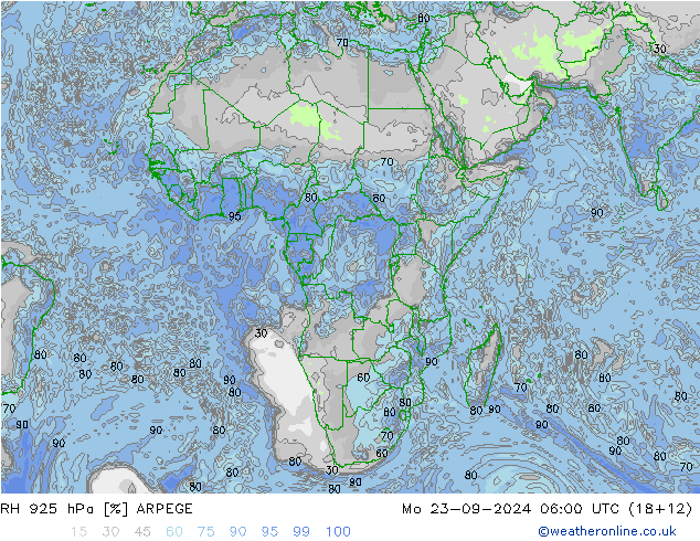 Humedad rel. 925hPa ARPEGE lun 23.09.2024 06 UTC