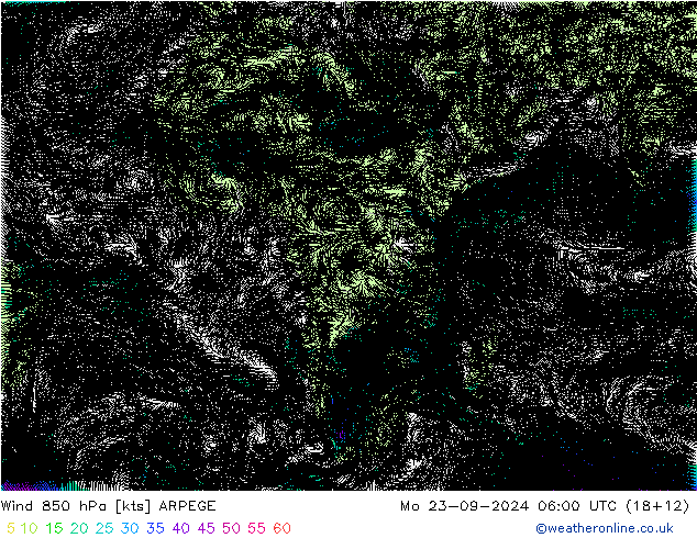 Viento 850 hPa ARPEGE lun 23.09.2024 06 UTC