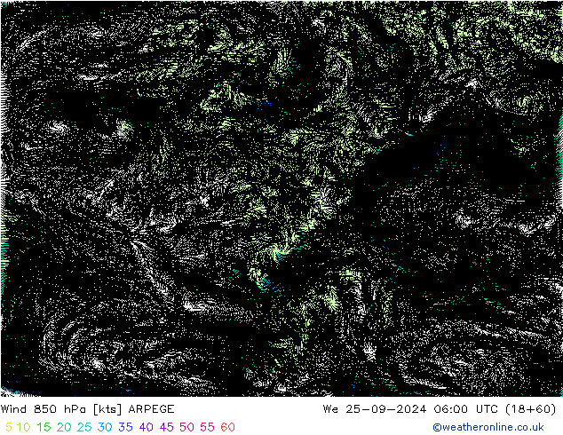 Vento 850 hPa ARPEGE Qua 25.09.2024 06 UTC