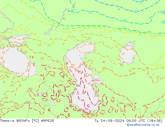 Theta-e 850hPa ARPEGE Tu 24.09.2024 06 UTC