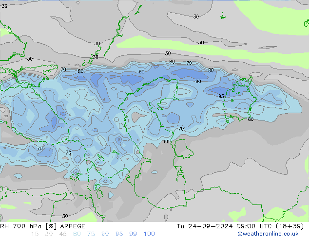 RH 700 hPa ARPEGE Út 24.09.2024 09 UTC