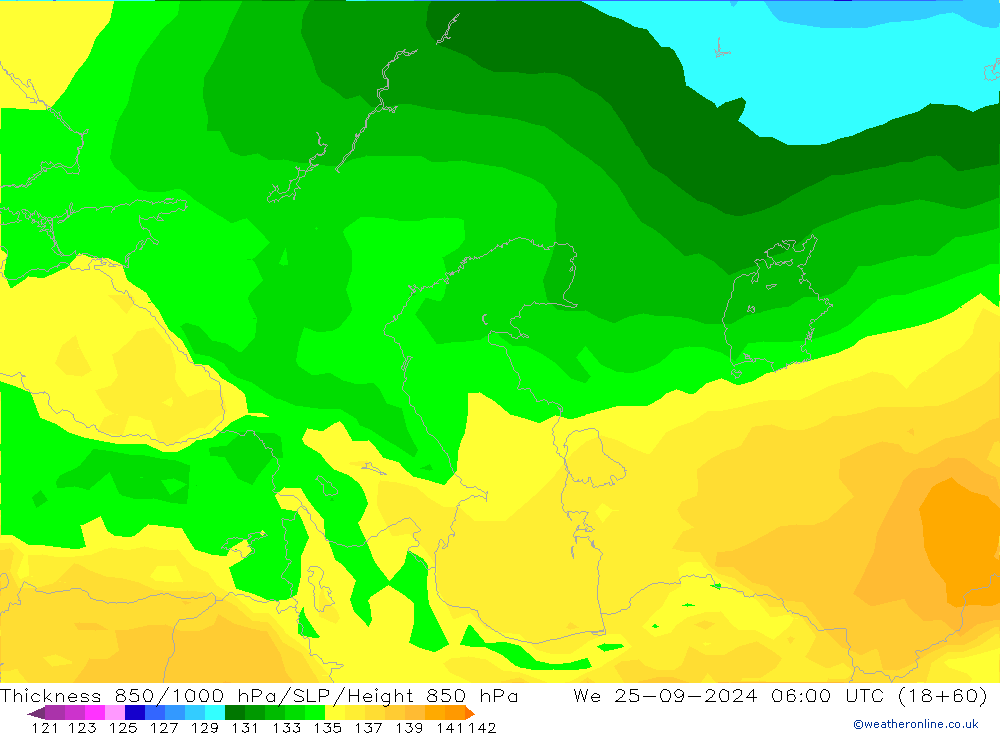 Thck 850-1000 hPa ARPEGE mer 25.09.2024 06 UTC