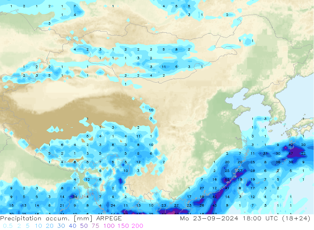 Precipitation accum. ARPEGE 星期一 23.09.2024 18 UTC