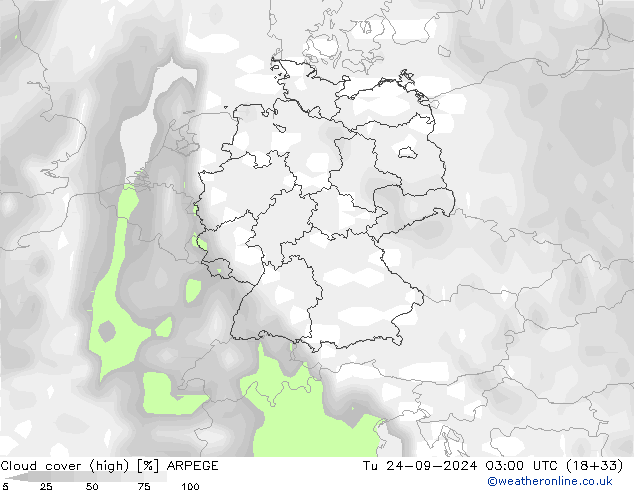 Cloud cover (high) ARPEGE Tu 24.09.2024 03 UTC