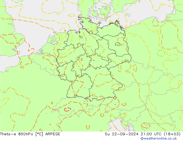 Theta-e 850hPa ARPEGE So 22.09.2024 21 UTC