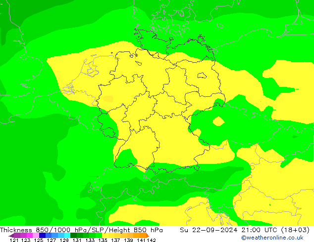 Thck 850-1000 hPa ARPEGE 星期日 22.09.2024 21 UTC