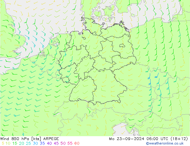 Vento 850 hPa ARPEGE lun 23.09.2024 06 UTC