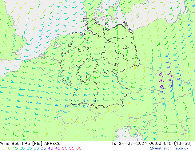 Wind 850 hPa ARPEGE Út 24.09.2024 06 UTC