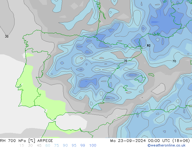 RH 700 hPa ARPEGE lun 23.09.2024 00 UTC