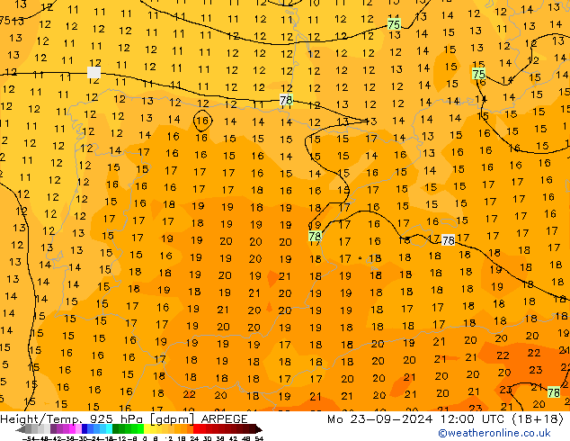 Height/Temp. 925 hPa ARPEGE pon. 23.09.2024 12 UTC