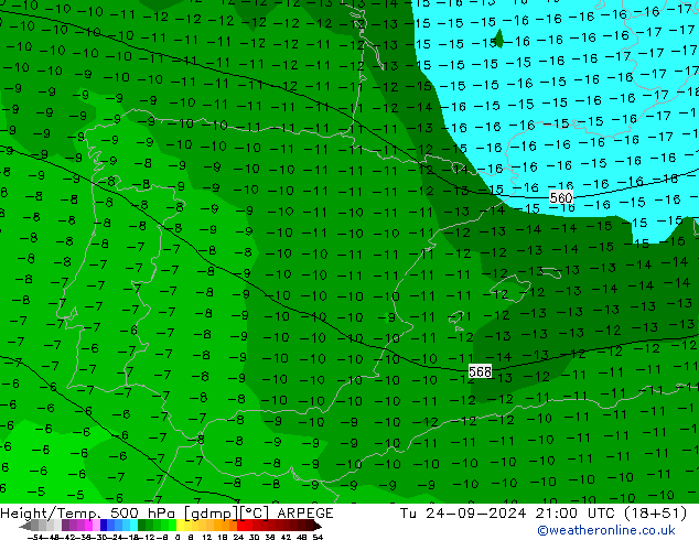 Height/Temp. 500 hPa ARPEGE Tu 24.09.2024 21 UTC