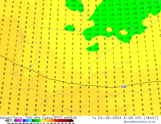 Height/Temp. 700 hPa ARPEGE Tu 24.09.2024 21 UTC