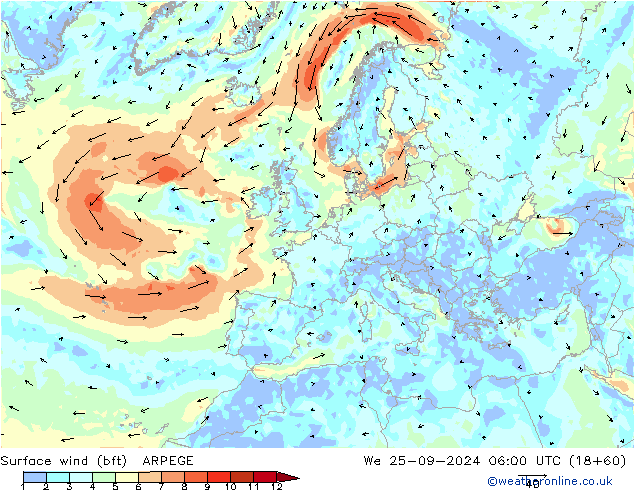 Surface wind (bft) ARPEGE St 25.09.2024 06 UTC