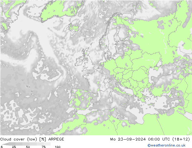 Cloud cover (low) ARPEGE Mo 23.09.2024 06 UTC