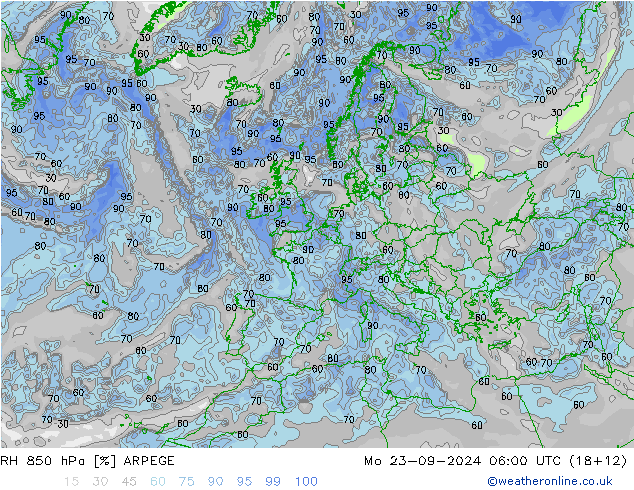 RH 850 hPa ARPEGE Mo 23.09.2024 06 UTC