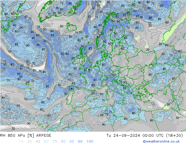 RH 850 hPa ARPEGE Di 24.09.2024 00 UTC