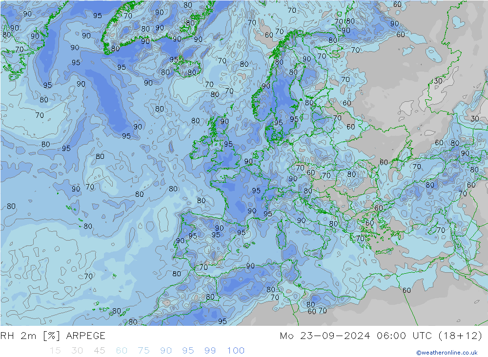 RH 2m ARPEGE Mo 23.09.2024 06 UTC