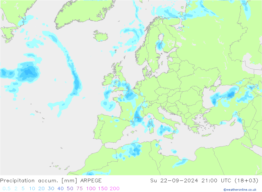 Precipitation accum. ARPEGE Dom 22.09.2024 21 UTC