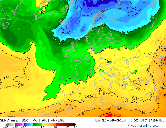 SLP/Temp. 850 hPa ARPEGE Mo 23.09.2024 12 UTC