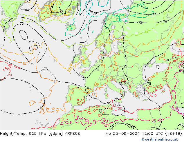 Height/Temp. 925 hPa ARPEGE Mo 23.09.2024 12 UTC