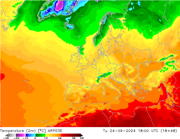 mapa temperatury (2m) ARPEGE wto. 24.09.2024 18 UTC