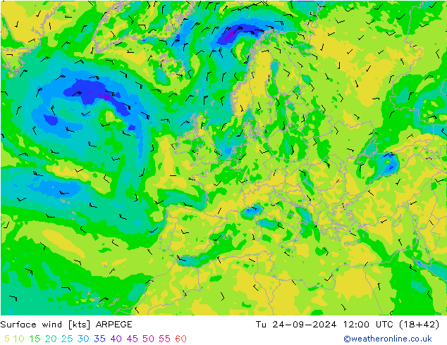 Surface wind ARPEGE Út 24.09.2024 12 UTC