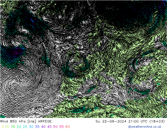 wiatr 850 hPa ARPEGE nie. 22.09.2024 21 UTC