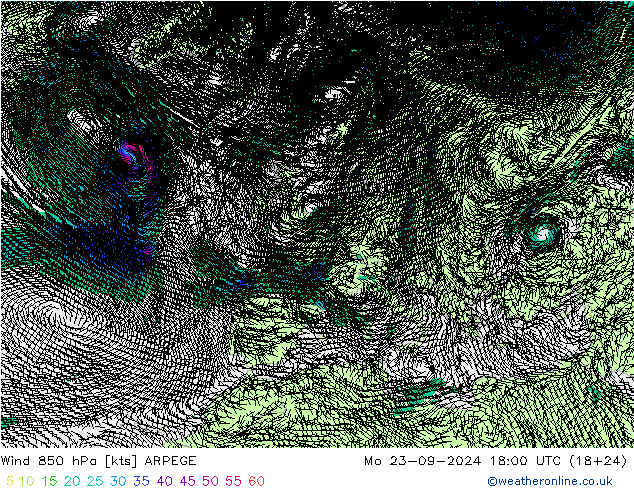 风 850 hPa ARPEGE 星期一 23.09.2024 18 UTC