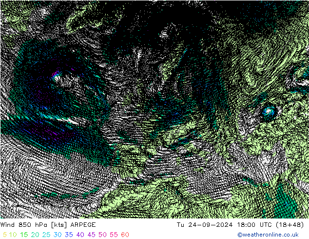 Wind 850 hPa ARPEGE Út 24.09.2024 18 UTC