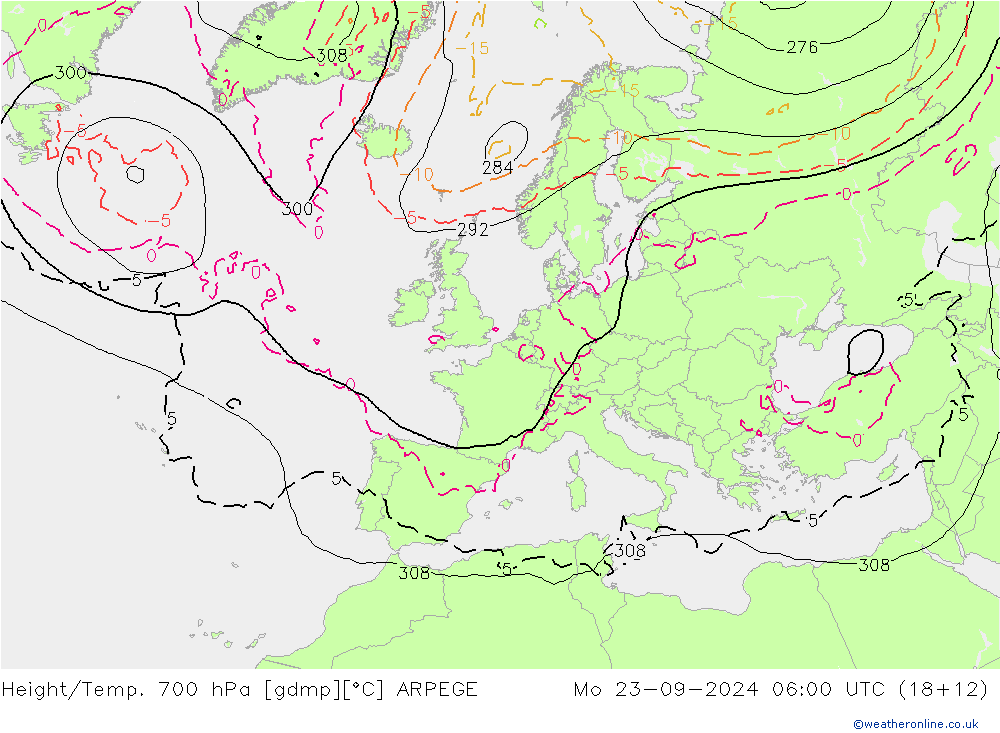 Height/Temp. 700 hPa ARPEGE pon. 23.09.2024 06 UTC