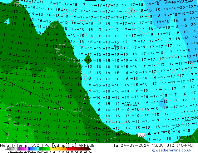 Géop./Temp. 500 hPa ARPEGE mar 24.09.2024 18 UTC