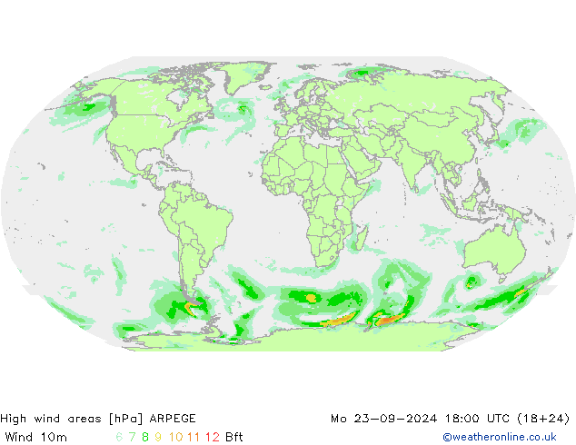 High wind areas ARPEGE lun 23.09.2024 18 UTC