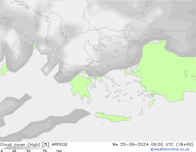 Cloud cover (high) ARPEGE We 25.09.2024 06 UTC