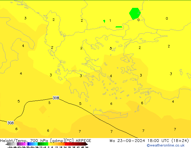 Height/Temp. 700 гПа ARPEGE пн 23.09.2024 18 UTC