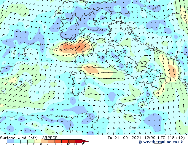 Surface wind (bft) ARPEGE Tu 24.09.2024 12 UTC