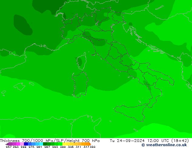 Thck 700-1000 hPa ARPEGE Tu 24.09.2024 12 UTC